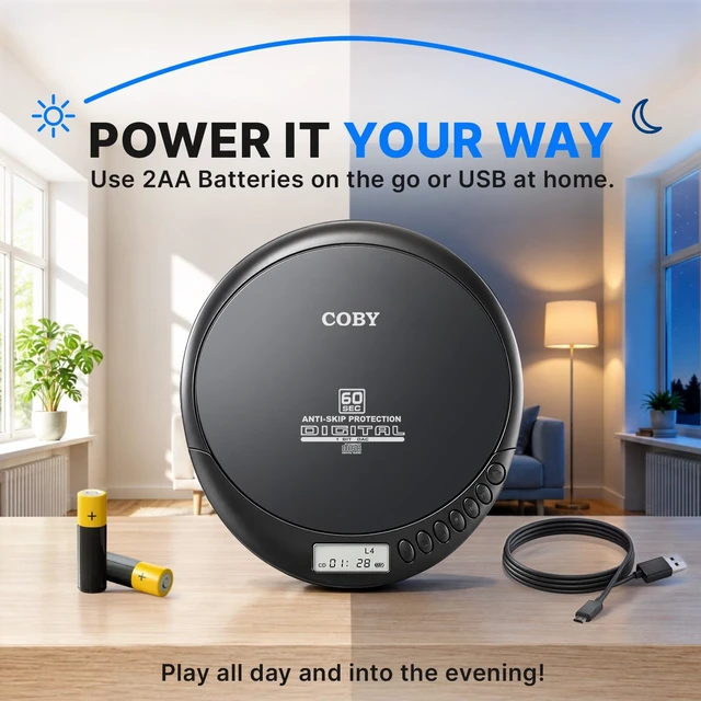 Alt view image 5 of 7 - Portable CD Player with Headphones, FM Radio, MP3 Playback, Black | 60-Second Anti-Skip for Home, Car & Travel, CD-R/CD-RW/MP3 Playback, 2 AA or USB Power, Simple Buttons, Foldable Headphones