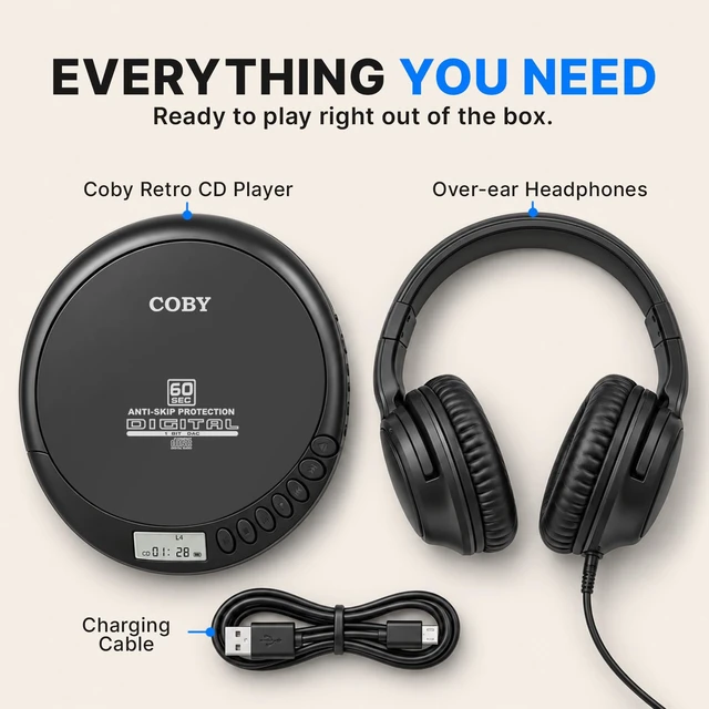 Alt view image 6 of 7 - Portable CD Player with Headphones, FM Radio, MP3 Playback, Black | 60-Second Anti-Skip for Home, Car & Travel, CD-R/CD-RW/MP3 Playback, 2 AA or USB Power, Simple Buttons, Foldable Headphones