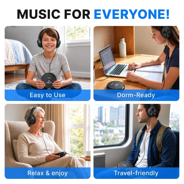 Alt view image 7 of 7 - Portable CD Player with Headphones, FM Radio, MP3 Playback, Black | 60-Second Anti-Skip for Home, Car & Travel, CD-R/CD-RW/MP3 Playback, 2 AA or USB Power, Simple Buttons, Foldable Headphones