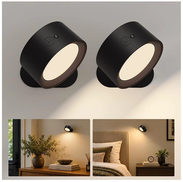 Main image of Rechargeable Wall Sconces with Remote, Magnetic Wall Lights, Black | 3 Color Temperatures, Remote & Touch, Dimming, 360° Rotation for Living Room, Bedroom & Reading, 2 Pack