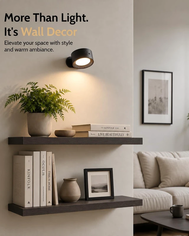 Alt view image 2 of 7 - Rechargeable Wall Sconces with Remote, Magnetic Wall Lights, Black | 3 Color Temperatures, Remote & Touch, Dimming, 360° Rotation for Living Room, Bedroom & Reading, 2 Pack