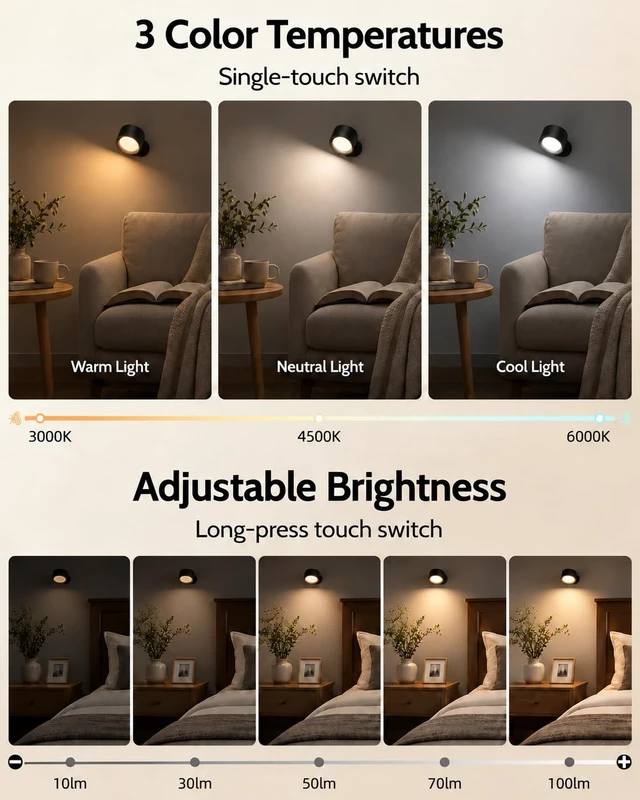 Alt view image 6 of 7 - Rechargeable Wall Sconces with Remote, Magnetic Wall Lights, Black | 3 Color Temperatures, Remote & Touch, Dimming, 360° Rotation for Living Room, Bedroom & Reading, 2 Pack