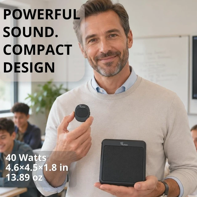 Alt view image 2 of 7 - Voice Amplifier for Teachers, 40W Wireless Microphone, 8000mah | Teacher microphone for classroom use; compact, portable voice amplifier; auto-pairing magnetic mic; semi-rigid case included