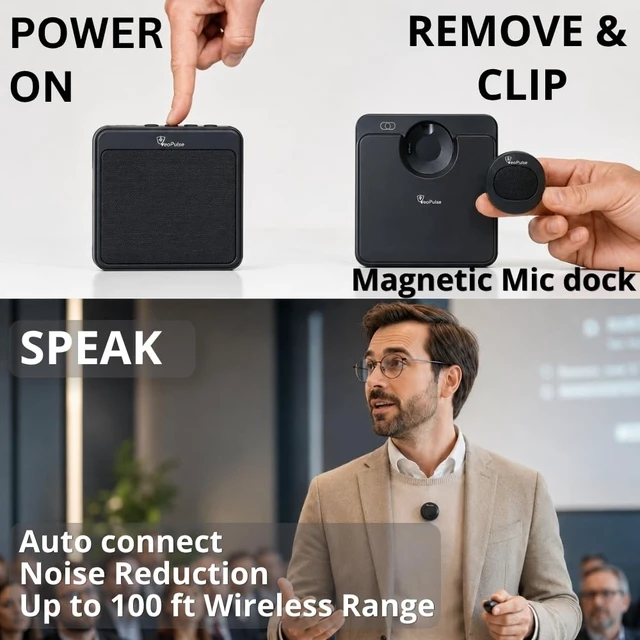 Alt view image 3 of 7 - Voice Amplifier for Teachers, 40W Wireless Microphone, 8000mah | Teacher microphone for classroom use; compact, portable voice amplifier; auto-pairing magnetic mic; semi-rigid case included