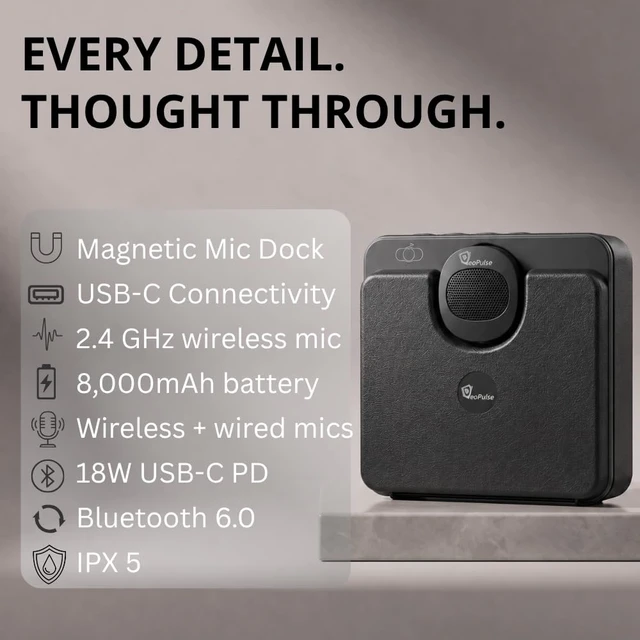 Alt view image 7 of 7 - Voice Amplifier for Teachers, 40W Wireless Microphone, 8000mah | Teacher microphone for classroom use; compact, portable voice amplifier; auto-pairing magnetic mic; semi-rigid case included