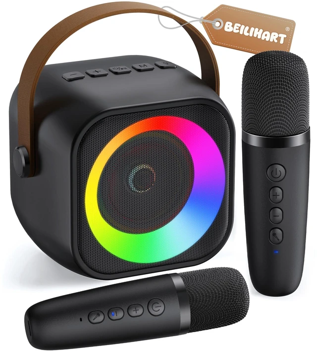 Main image of Mini Karaoke Machine,Portable Bluetooth Speaker with 2 Wireless Microphones | 360° Surround Sound,5 Voice Effects,Bluetooth 5.0,LED Lights, TF/USB/AUX, For Kids and Adults, Family Home Party and Gifts