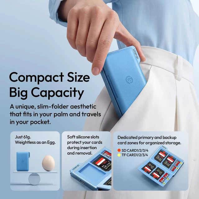 Alt view image 3 of 7 - DC01 Memory Card Case & USB-C Reader, 4 SD + 4 TF Slots | 312MB/s UHS-II, Dual-Slot Read, Aluminum Folder Magnetic Case with Lanyard Cable, 2.19oz Portable for Photographer