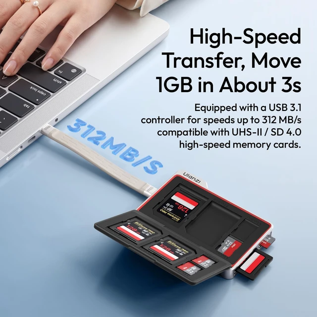 Alt view image 4 of 7 - DC01 Memory Card Case & USB-C Reader, 4 SD + 4 TF Slots | 312MB/s UHS-II, Dual-Slot Read, Aluminum Folder Magnetic Case with Lanyard Cable, 2.19oz Portable for Photographer