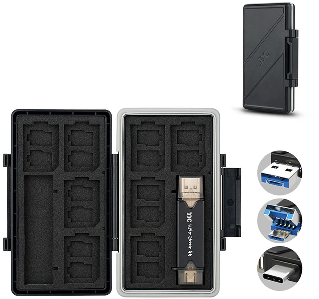 Main image of 24 Slots Memory Card Case Holder for 16 Micro SD Cards, 8 SD Cards, Includes a 3 in 1 Type C USB 3.0 Micro USB 2.0 Memory Card Reader, Water-Resistant Anti-Shock