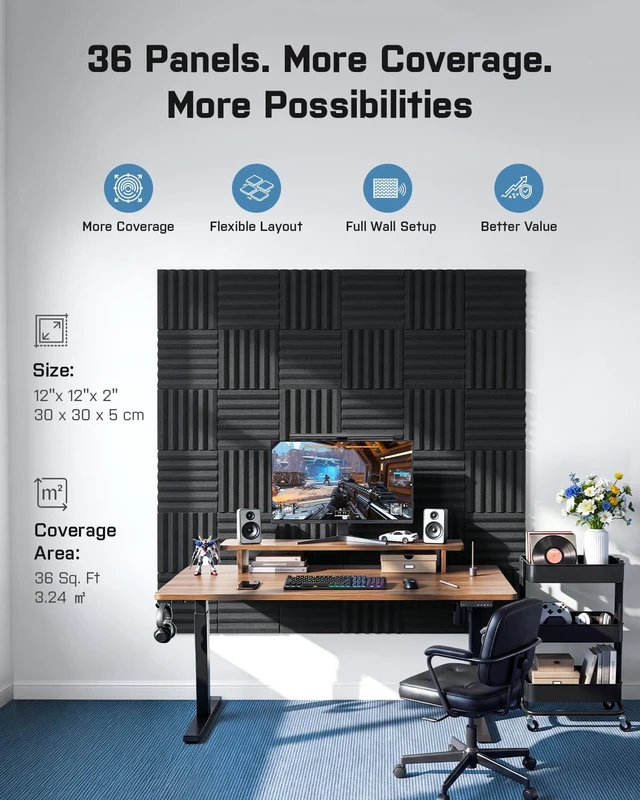 Alt view image 4 of 7 - Sound Proof Foam Panels - 12 x 12 x 2 Inches 36 Pack Wedges Acoustic Foam Panels Sound Proofing Padding for Walls and Ceiling High Density Foam Studio Foam (Black)