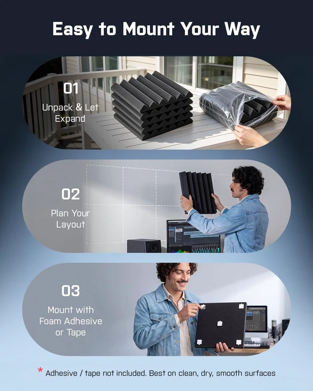 Alt view image 7 of 7 - Sound Proof Foam Panels - 12 x 12 x 2 Inches 36 Pack Wedges Acoustic Foam Panels Sound Proofing Padding for Walls and Ceiling High Density Foam Studio Foam (Black)