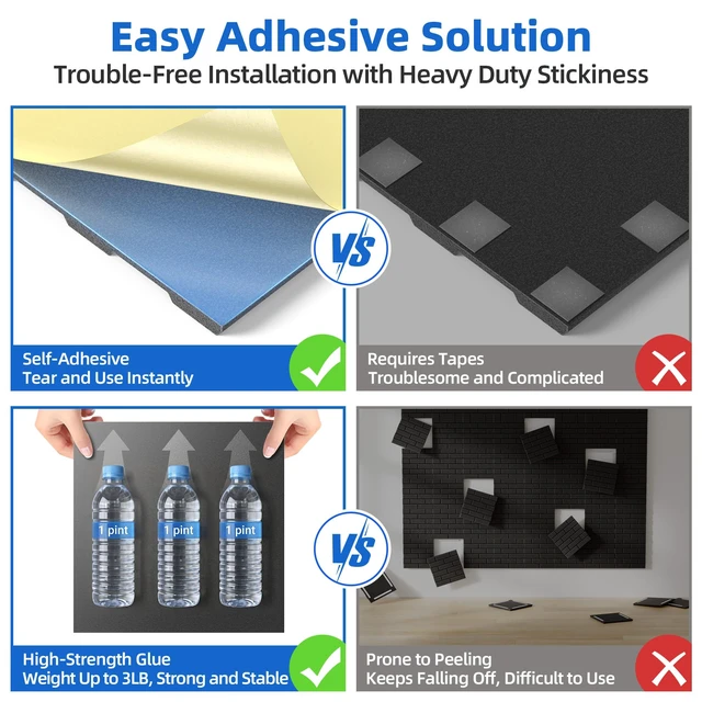 Alt view image 4 of 7 - 20 Pack Acoustic Panels with Self Adhesive, 11.8" X 11.8" X 0.36" High Density Sound Proof Foam Panels for Wall, Soundproof Wall Panel, Brick Sound Absorbing Panel for Home Studio Office Decor - Black