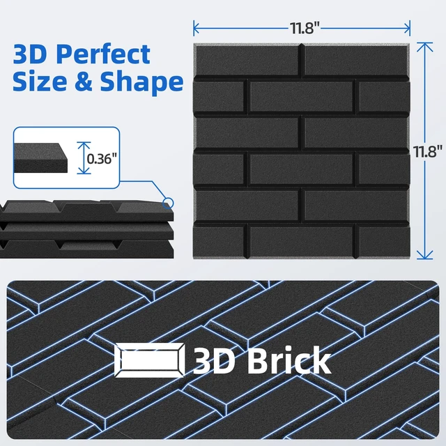 Alt view image 6 of 7 - 20 Pack Acoustic Panels with Self Adhesive, 11.8" X 11.8" X 0.36" High Density Sound Proof Foam Panels for Wall, Soundproof Wall Panel, Brick Sound Absorbing Panel for Home Studio Office Decor - Black