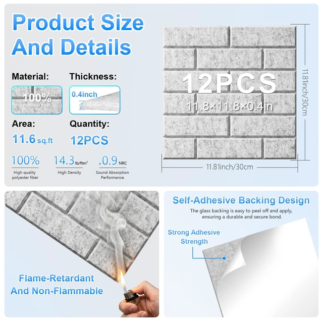 Alt view image 2 of 7 - 12 Pack Acoustic Panels,Sound Proof Foam Panels for Walls,High Density Self-Adhesive Noise Reduction Panels,Flame Retardant, Flame Retardant & Echo-Absorbing Ideal for Home DIY, 12" X 12" X 0.4" Grey