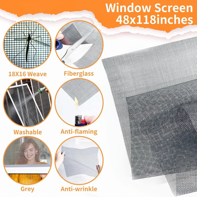 Alt view image 3 of 7 - Window Screen Replacement, 6in1 Window Screen Door Repair Kit | 48"x118" Gray Screen Mesh, Steel/Nylon Bearing Roller, 0.14in x 50ft Spline, 8 Clips & Hook for Windows, Doors, Patio & RV