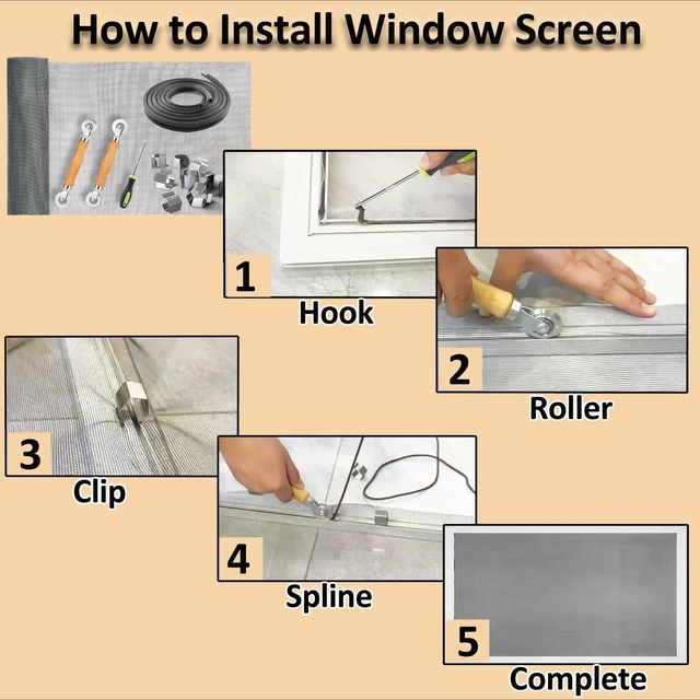 Alt view image 2 of 7 - Window Screen Replacement, 6in1 Window Screen Door Repair Kit | 48"x118" Gray Screen Mesh, Steel/Nylon Bearing Roller, 0.14in x 50ft Spline, 8 Clips & Hook for Windows, Doors, Patio & RV