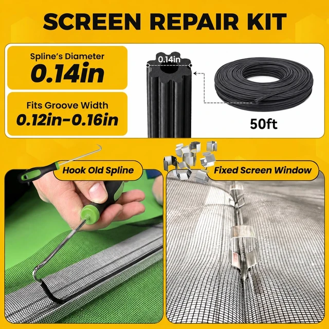 Alt view image 6 of 7 - Window Screen Replacement, 6in1 Window Screen Door Repair Kit | 48"x118" Gray Screen Mesh, Steel/Nylon Bearing Roller, 0.14in x 50ft Spline, 8 Clips & Hook for Windows, Doors, Patio & RV