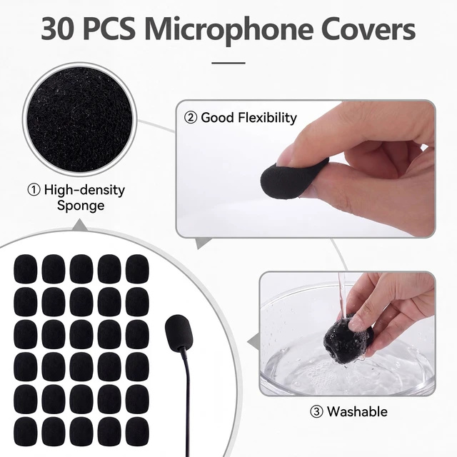 Alt view image 4 of 7 - 30 Pack Foam Microphone Windscreen, Black Mic Covers | Lapel Headset Microphone Sponge Mini Foam Cover Shield Protection for Variety of Headset (Black)