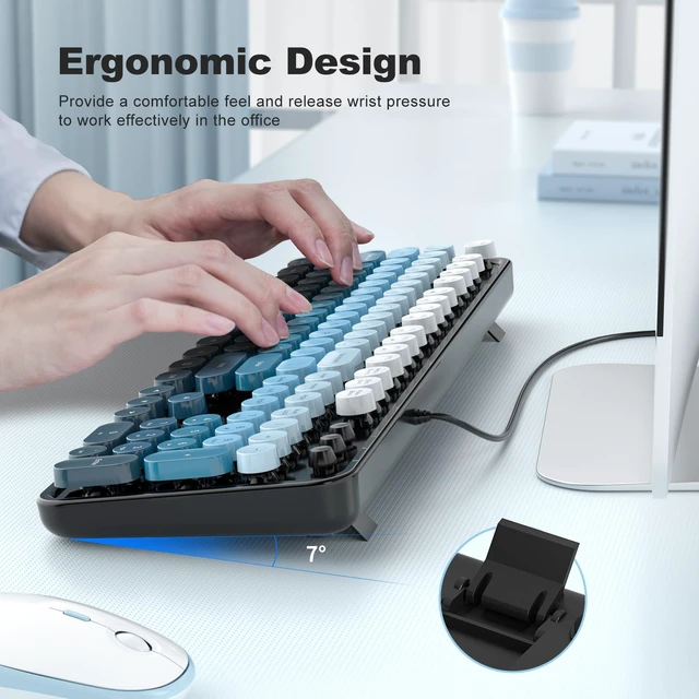 Alt view image 3 of 7 - Wired Typewriter Keyboard, Full Size USB Plug and Play Retro Round Keycap Keyboard with Foldable Stands for PC Laptop Office, Black Blue Gradient