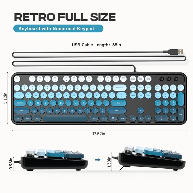 Alt view image 7 of 7 - Wired Typewriter Keyboard, Full Size USB Plug and Play Retro Round Keycap Keyboard with Foldable Stands for PC Laptop Office, Black Blue Gradient