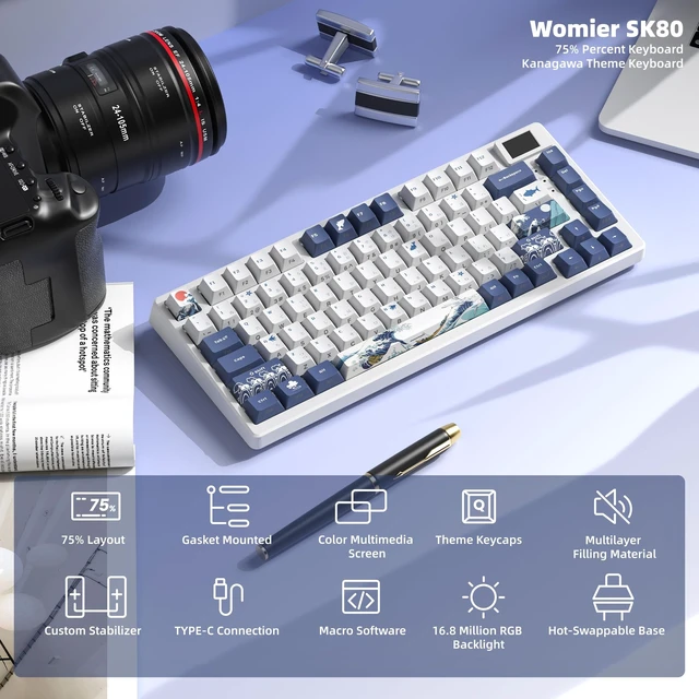 Alt view image 6 of 6 - SK80 75% Keyboard with Color Multimedia Display Gaming Keyboard | Creamy Sound Mechanical Wired Hot Swappable Gasket RGB Custom Key board, Pre-lubed Stabilizer for Mac/Win, White Kanagawa
