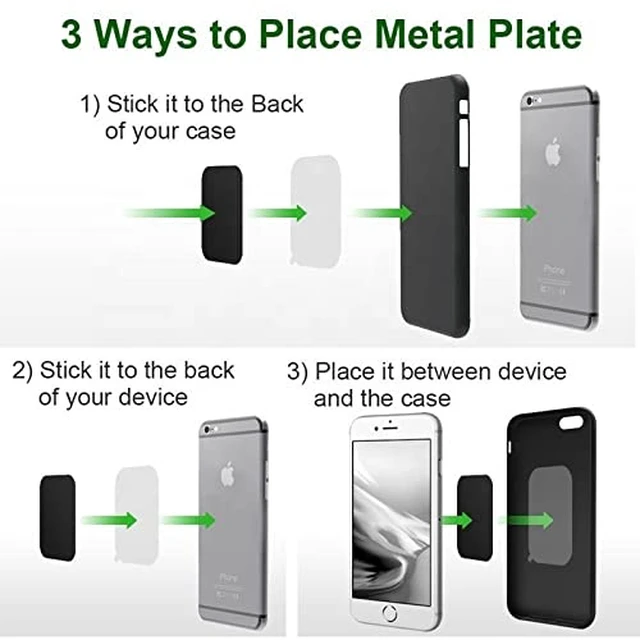 Alt view image 3 of 7 - Replacement Metal Plates Set 4 Pack for Magnetic Car Phone Holders, Wall, Air Vent Mounts, Cases, Magnets. Kit of 2 Black Round and 2 Rectangular Iron Discs Without Holes. 3M Adhesive Backing.