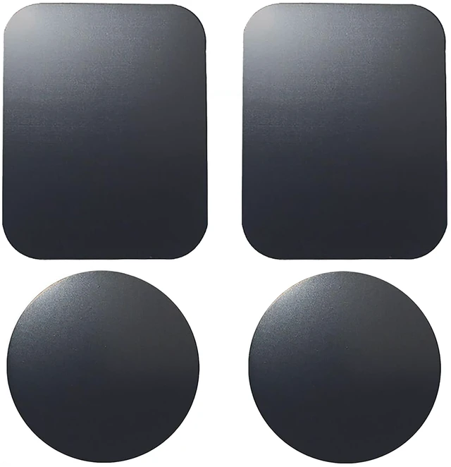 Main image of Replacement Metal Plates Set 4 Pack for Magnetic Car Phone Holders, Wall, Air Vent Mounts, Cases, Magnets. Kit of 2 Black Round and 2 Rectangular Iron Discs Without Holes. 3M Adhesive Backing.