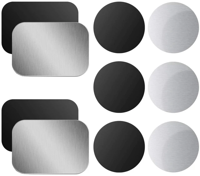 Main image of 10 Pcs Mount Metal Plate, Black and Silver | Universal Replacement Sticker, 4 Rectangle & 6 Round, Ideal for Car Mount Holder Cradle and Magnetic Phone Mounts