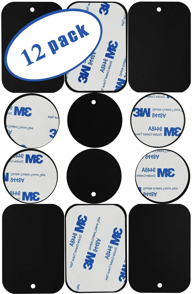 Main image of Universal Metal Plates with 3M Adhesive for Magnetic Car Mounts | Use for Cell Phone, Tablet Holder, Cradle-Less and Air Vent Mount, 6 Rectangular, 6 Round, Black (Not a Magnet)