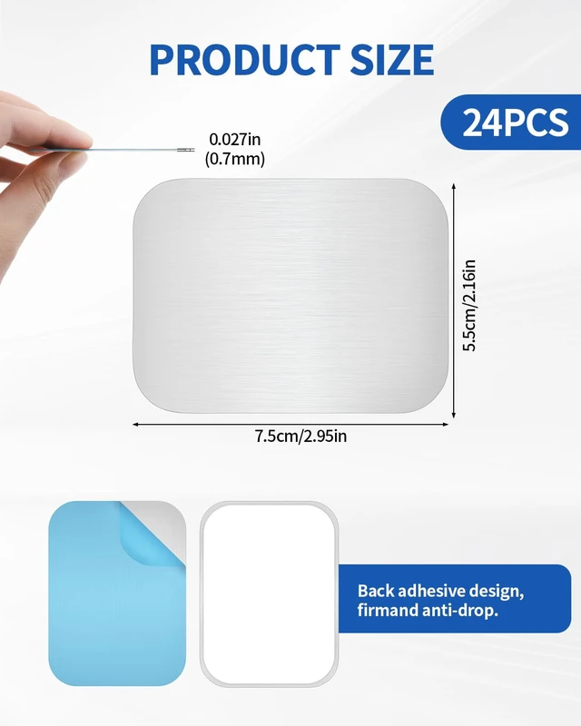 Alt view image 2 of 7 - 24 Pack Adhesive Metal Plates for Magnetic Mount, 2.95x2.17in Metal Strips for Magnets, Rectangular Steel Sheets for Non-Steel Vents (0.02 in)