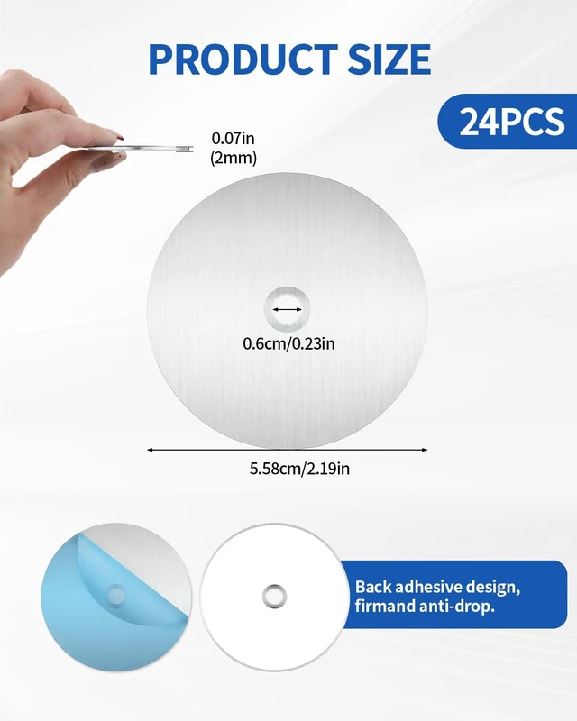 Alt view image 2 of 7 - 24 Pack Adhesive Metal Plates for Magnetic Mount, 2.2x2.2in Metal Strips for Magnets, Round Steel Sheets for Non-Steel Vents (0.02 in, Round with Holes)