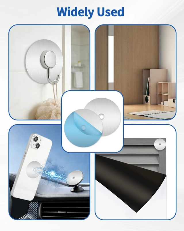 Alt view image 7 of 7 - 24 Pack Adhesive Metal Plates for Magnetic Mount, 2.2x2.2in Metal Strips for Magnets, Round Steel Sheets for Non-Steel Vents (0.02 in, Round with Holes)