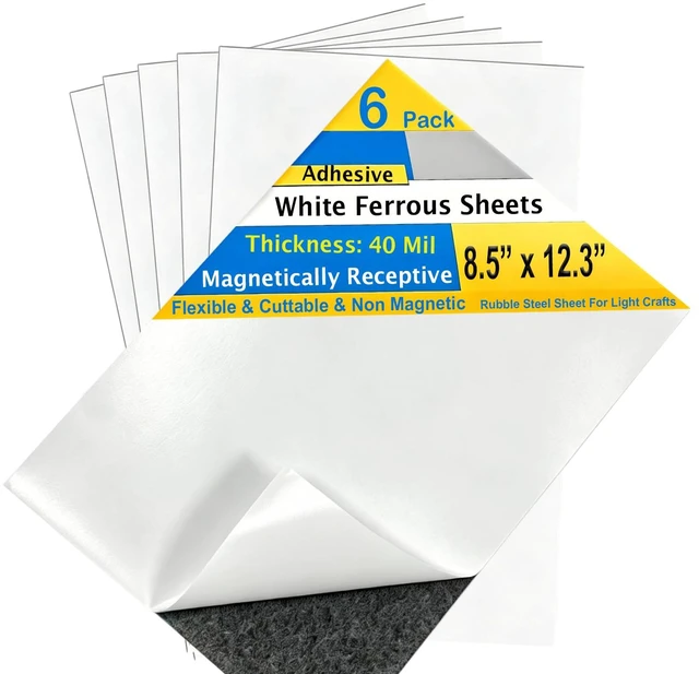 Main image of 6 Pack, White Adhesive Metal Sheets-8.5 x 12.3, Ferrous Sheet for Magnets Receptive, 40 Mil Thin Flexible Rubber Steel, Magnetic Miniatures Organization Fits Standard US Really Useful Box