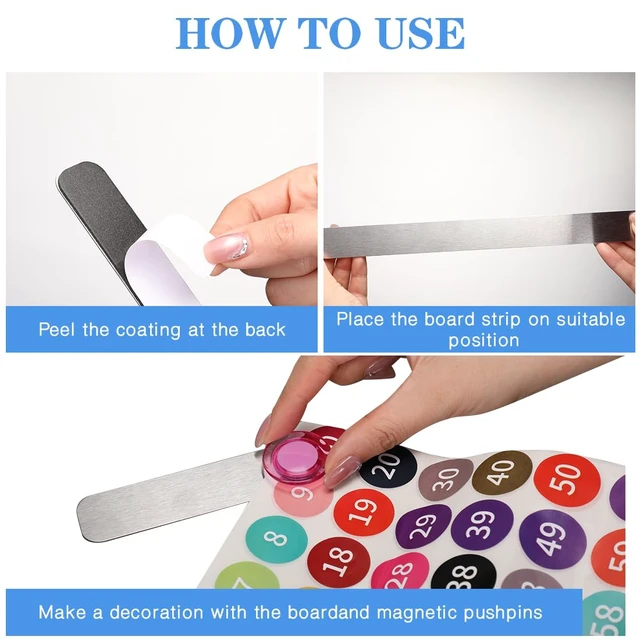 Alt view image 3 of 7 - Frameless Magnetic Stainless Iron Board Strips, Adhesive Backing Bulletin Bar Board with 10 Pieces Colorful Magnet, Memo Strip for Office Home 4Pcs