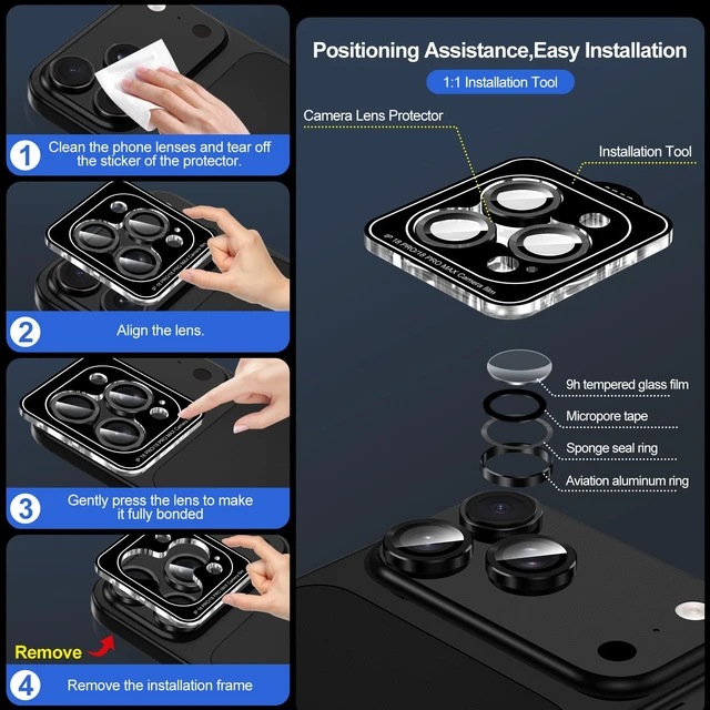Alt view image 6 of 7 - for iPhone 18 Pro Camera Lens Protector, Ultra HD Individual Camera Lens Ring 9H Tempered Glass Camera Cover, Scratch-Proof Metal Aluminum Alloy Precise Fit Case Friendly,Black