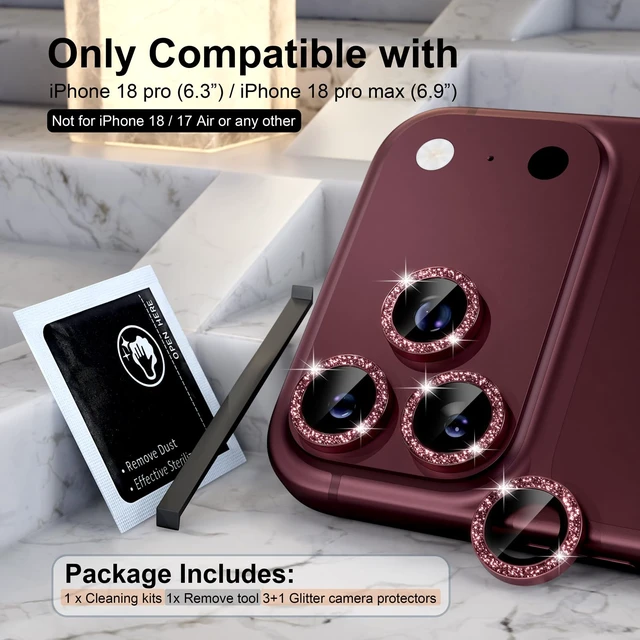 Alt view image 2 of 7 - for iPhone 18 Pro/Pro Max Camera Lens Protector, Glitter Burgundy | Ultra HD, Bling 9H Tempered Glass Camera Cover Screen Protector Metal Ring Decoration Accessories (Glitter-Burgundy)