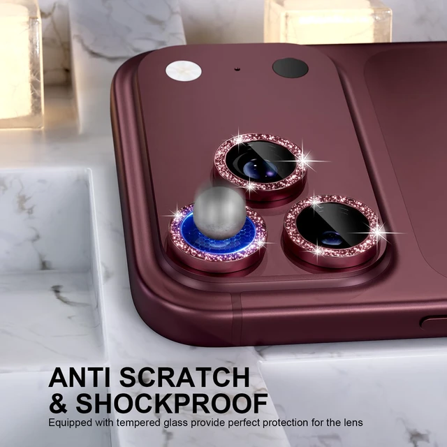 Alt view image 3 of 7 - for iPhone 18 Pro/Pro Max Camera Lens Protector, Glitter Burgundy | Ultra HD, Bling 9H Tempered Glass Camera Cover Screen Protector Metal Ring Decoration Accessories (Glitter-Burgundy)