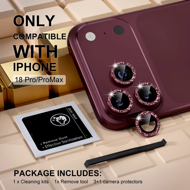 Alt view image 2 of 7 - Compatible for iPhone 18 Pro/iPhone 18 Pro Max Camera Lens Protector | 9H Tempered Glass Ultra HD Bling Camera Screen Protector Cover Metal Individual Ring Decoration Accessories, Burgundy Glitter