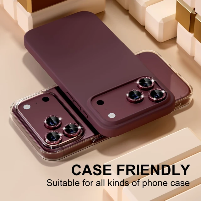 Alt view image 5 of 7 - Compatible for iPhone 18 Pro/iPhone 18 Pro Max Camera Lens Protector | 9H Tempered Glass Ultra HD Bling Camera Screen Protector Cover Metal Individual Ring Decoration Accessories, Burgundy Glitter