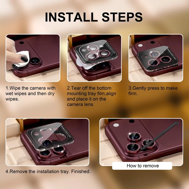 Alt view image 7 of 7 - Compatible for iPhone 18 Pro/iPhone 18 Pro Max Camera Lens Protector | 9H Tempered Glass Ultra HD Bling Camera Screen Protector Cover Metal Individual Ring Decoration Accessories, Burgundy Glitter