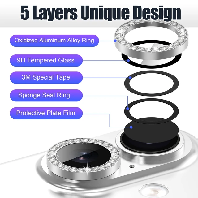 Alt view image 7 of 7 - 3+3 6 Pack for iPhone 17 Camera Lens Protector Cover | Individual Bling Diamond & Bling Glitter Sparkle Cute Gem Metal Ring, 9H Tempered HD Glass