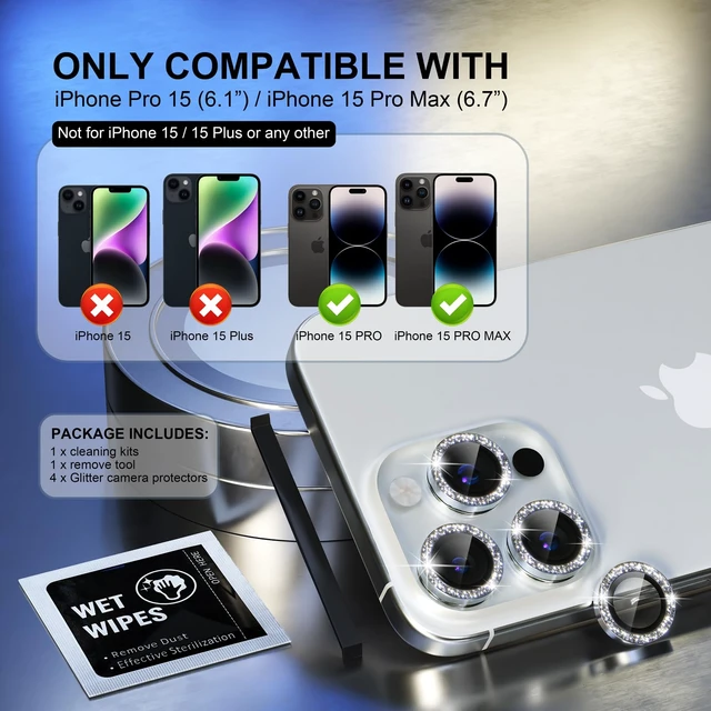Alt view image 2 of 6 - for iPhone 15 Pro/iPhone 15 Pro Max Camera Lens Protector | Ultra HD, Bling 9H Tempered Glass Camera Cover Screen Protector Metal Ring Decoration Accessories (Glitter-Silver)