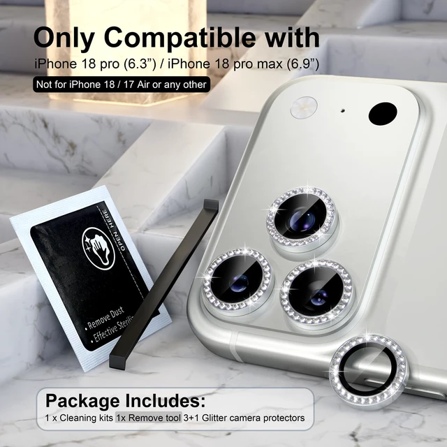 Alt view image 2 of 7 - for iPhone 18 Pro/iPhone 18 Pro Max Camera Lens Protector | Ultra HD, Bling 9H Tempered Glass Camera Cover Screen Protector Metal Ring Decoration Accessories (Diamond-Silver)