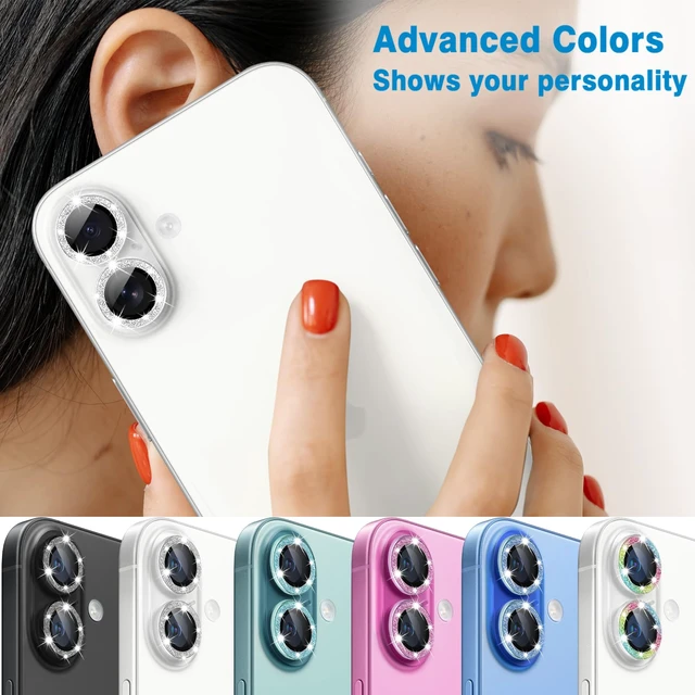 Alt view image 7 of 7 - Designed for iPhone 16 and 16 Plus Camera Lens Protector, Bling Glitter Diamond Lens Cover 9H Tempered Glass Camera Cover Anti Scratch Shockproof Screen Protector
