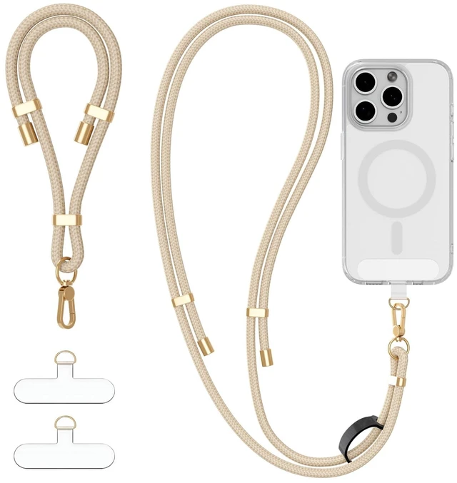 Main image of 4-IN-1 Phone Lanyard Crossbody & Wrist Strap Kit with 2 Pack Tabs | Adjustable Anti Theft Phone Strap, with a Loop, Premium Metal Buckles, Universal Neck lanyard for Travel Essentials, Beige