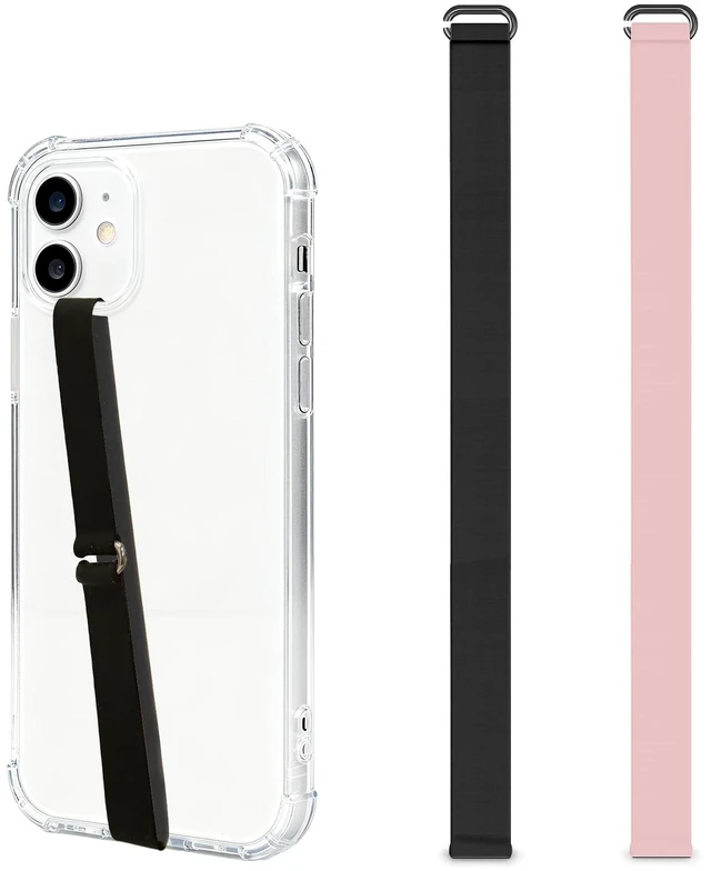 Main image of C-Shaped Silicone Clip Finger Phone Grip Strap Reusable Stretchy Loop Holder for iPhone & Samsung Cases, Black + Pink