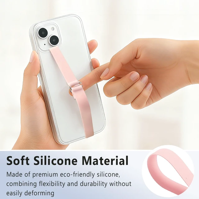 Alt view image 2 of 7 - C-Shaped Silicone Clip Finger Phone Grip Strap Reusable Stretchy Loop Holder for iPhone & Samsung Cases, Black + Pink