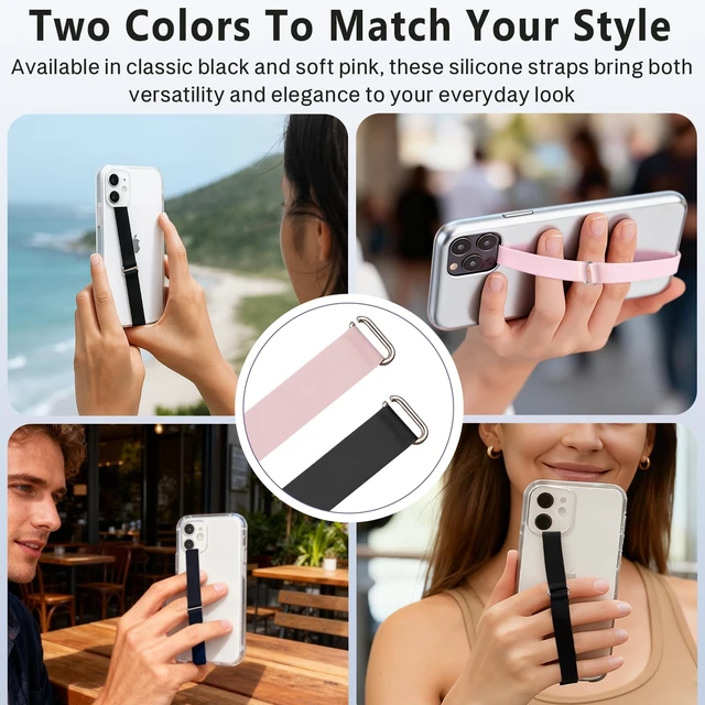 Alt view image 4 of 7 - C-Shaped Silicone Clip Finger Phone Grip Strap Reusable Stretchy Loop Holder for iPhone & Samsung Cases, Black + Pink