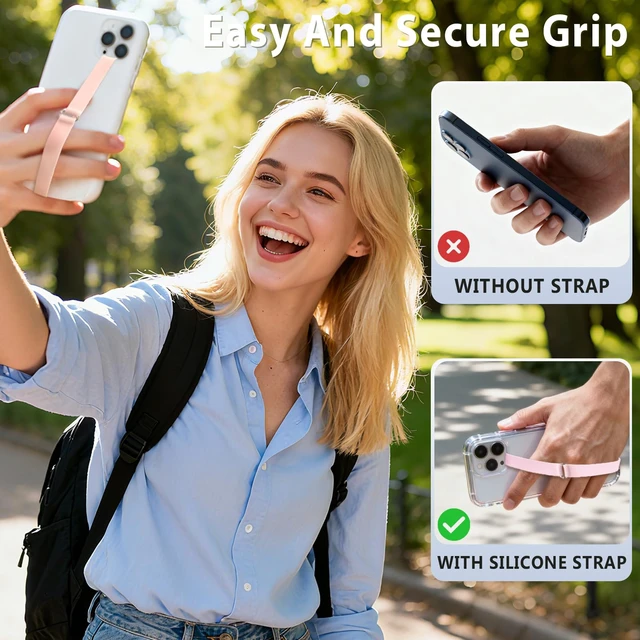 Alt view image 5 of 7 - C-Shaped Silicone Clip Finger Phone Grip Strap Reusable Stretchy Loop Holder for iPhone & Samsung Cases, Black + Pink