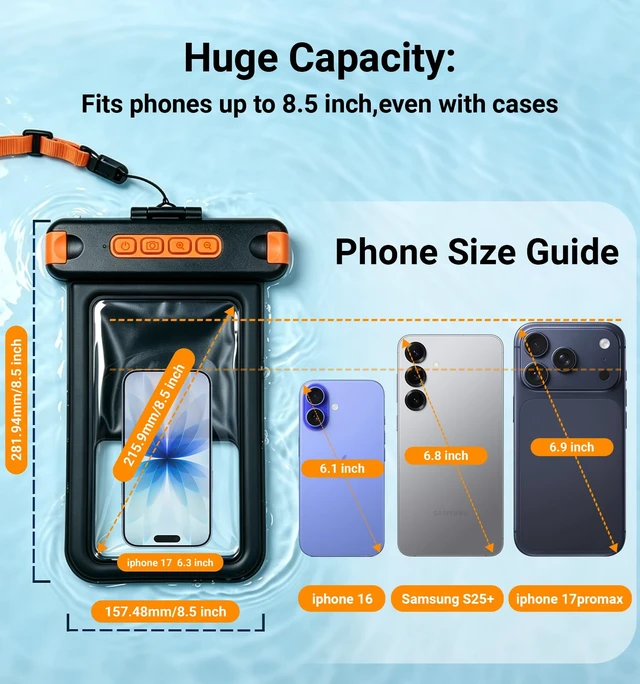 Alt view image 2 of 7 - IP68 Waterproof Phone Pouch with Bluetooth Shutter,Floating,Black | Capture Photos & Videos Underwater Hands-Free.Universal Large Case Fits Phones up to 8.5",Including iPhone Samsung Google